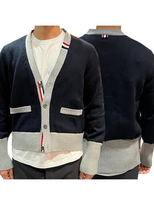 Three Stripe V Neck Cotton Cardigan Navy - THOM BROWNE - BALAAN 2