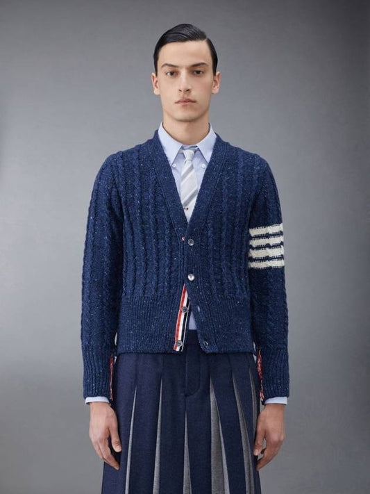 Donegal Twist Cable 4 Bar Classic V Neck Cardigan Blue - THOM BROWNE - BALAAN 2