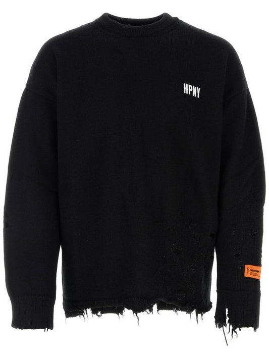 Shredded Crewneck Embroidered Logo Knit Top Black - HERON PRESTON - BALAAN 1