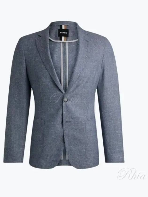 Pattern Slim Fit Virgin Wool Linen Jacket Blue - HUGO BOSS - BALAAN 2