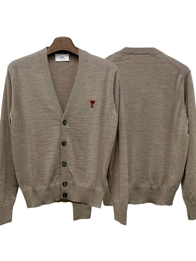 Red Heart Logo Merino Wool Cardigan Beige - AMI - BALAAN 2