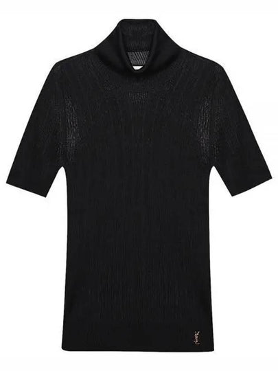 Rib Silk Monogram Short Sleeve Turtleneck Black - SAINT LAURENT - BALAAN 2