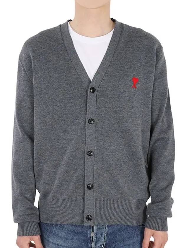 Small Heart Logo Wool Merino Cardigan Heather Grey - AMI - BALAAN 3