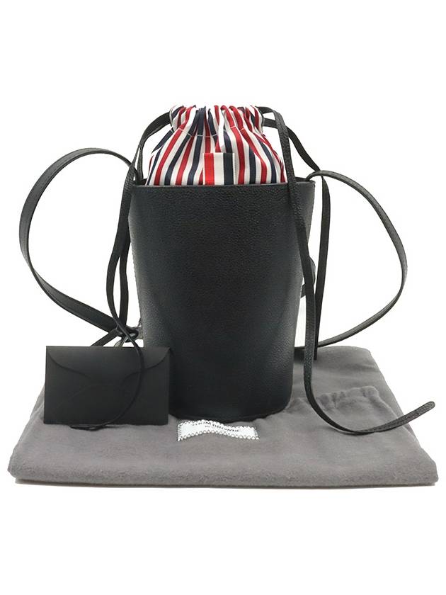 Black Grain Leather Striped Pebble Drawstring Mini Bucket Crossbody Bag FAP384A - THOM BROWNE - BALAAN 2