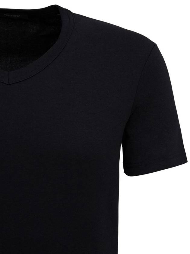 Cotton V-neck Short Sleeve T-Shirt Black - TOM FORD - BALAAN 4