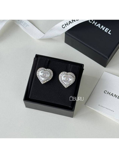 CC Logo Heart Crystal Stud Earrings Silver - CHANEL - BALAAN 2