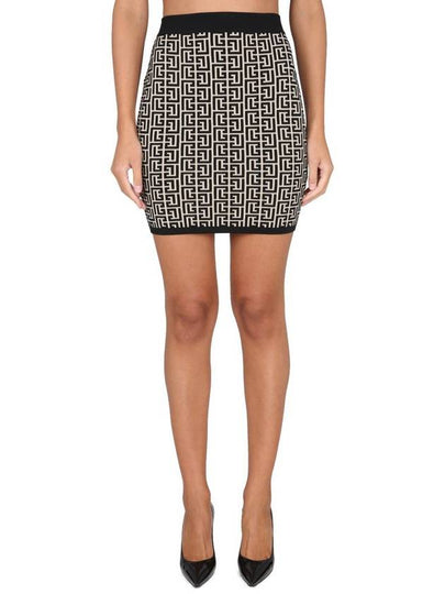 Women's Monogram Jacquard Knit H-Line Skirt Beige Black - BALMAIN - BALAAN 2