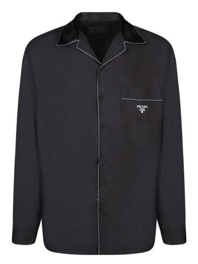 Embroidered Logo Pocket Silk Long Sleeve Shirt Black - PRADA - BALAAN 2