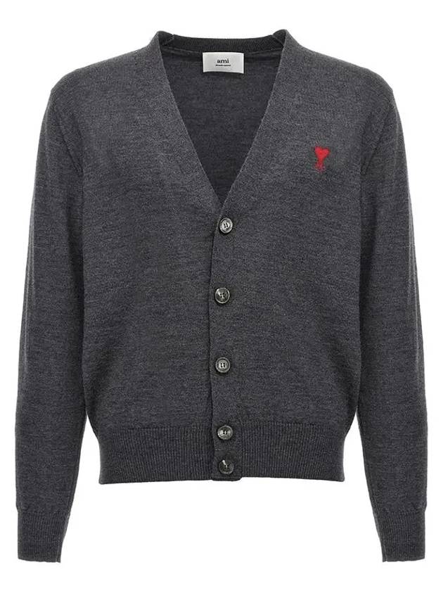 Small Heart Logo Wool Merino Cardigan Heather Grey - AMI - BALAAN 5