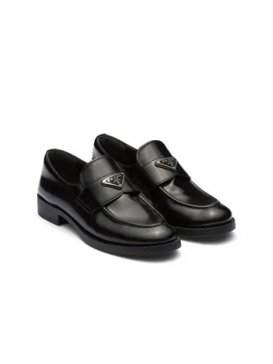 Brushed Triangle Logo Leather Loafers Black - PRADA - BALAAN 2