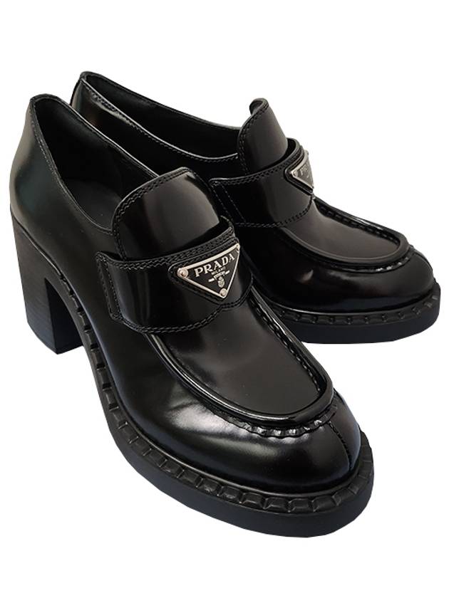 Chocolate Brushed Leather Heeled Loafers Black - PRADA - BALAAN.