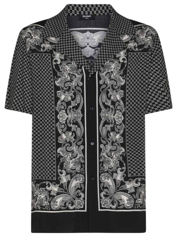 Paisley Mini Monogram Print Silk Short Sleeve Shirt Black - BALMAIN - BALAAN 1