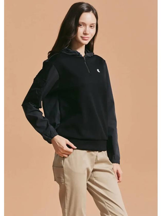 Women s woven color matching half zip long sleeve hooded t shirt black - CLEVELAND GOLF - BALAAN 1