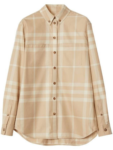 Women's Button Down Collar Check Cotton Long Sleeve Shirt Beige - BURBERRY - BALAAN 1