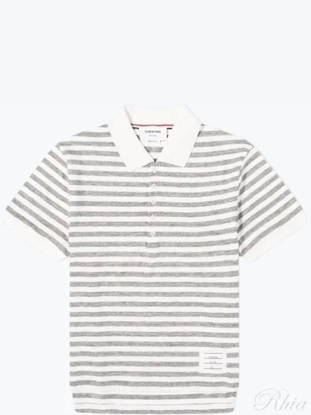 Striped Linen Polo Shirt Grey White - THOM BROWNE - BALAAN 2