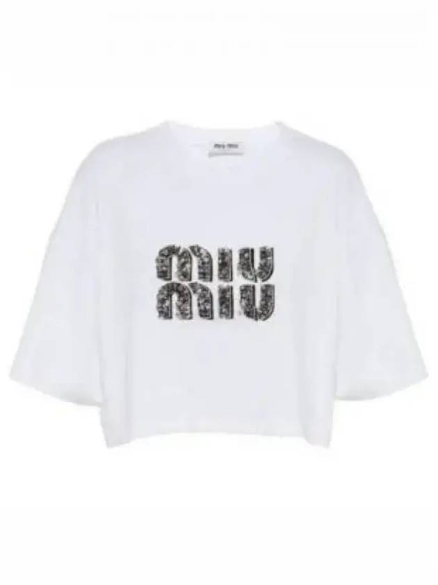 Embroidered Logo Crystal Crop Cotton Short Sleeve T-Shirt White - MIU MIU - BALAAN 2