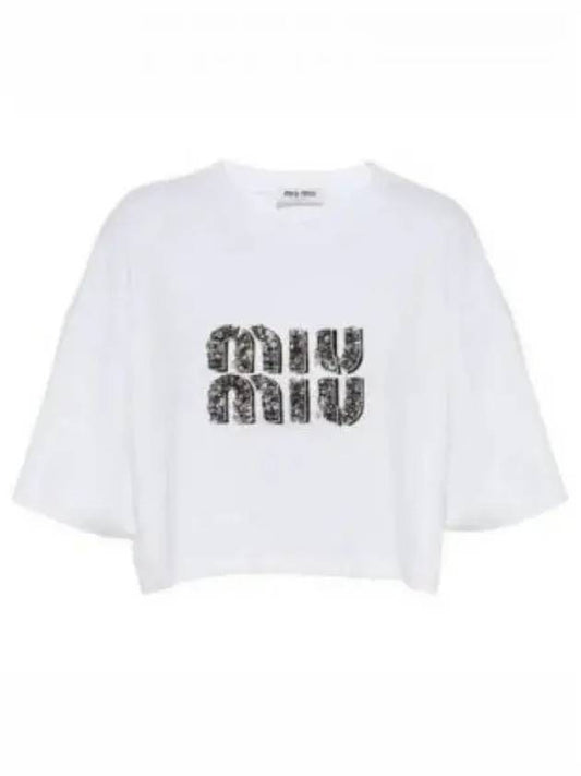 Embroidered Logo Crystal Cotton Short Sleeve T-Shirt White - MIU MIU - BALAAN 2