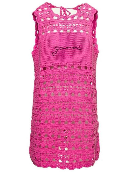 Women's Logo Open Crochet Backless Tunic Short Dress Pink - GANNI - BALAAN 1