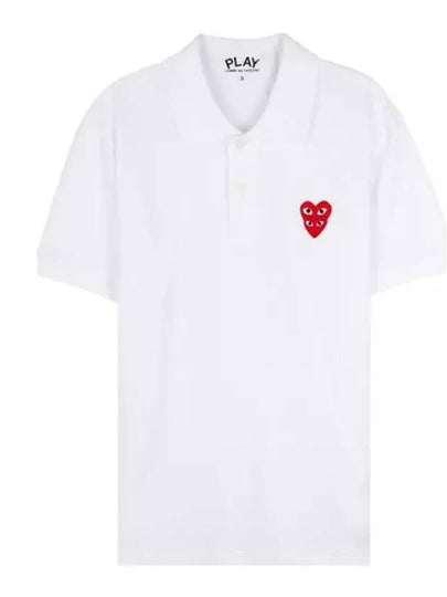 Red Double Heart Wappen Short Sleeve Polo Shirt White - COMME DES GARCONS - BALAAN 2