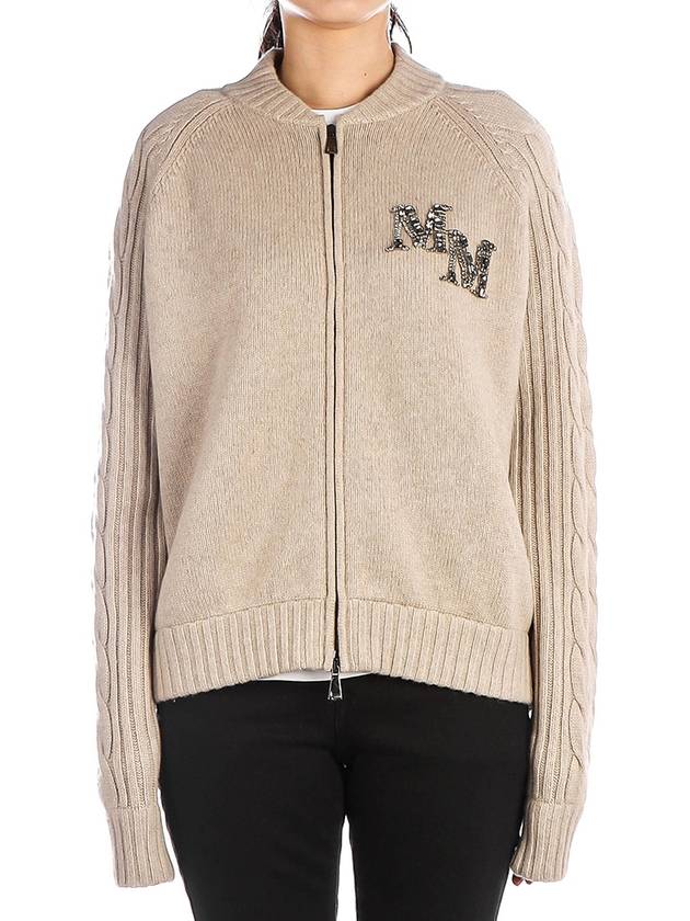 Women's Crystal Logo Wool Cashmere Zip-Up Cardigan Beige - MAX MARA - BALAAN 2