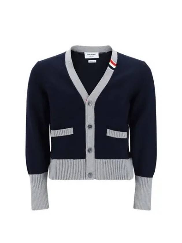 Three Stripe V Neck Cotton Cardigan Navy - THOM BROWNE - BALAAN 2