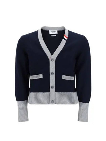 Three Stripe V Neck Cotton Cardigan Navy - THOM BROWNE - BALAAN 2