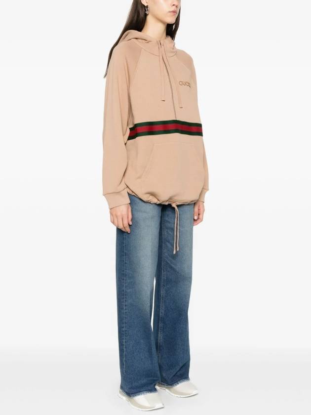 Embroidery Logo Web Stripe Half Zip Hoodie Light Brown - GUCCI - BALAAN 4