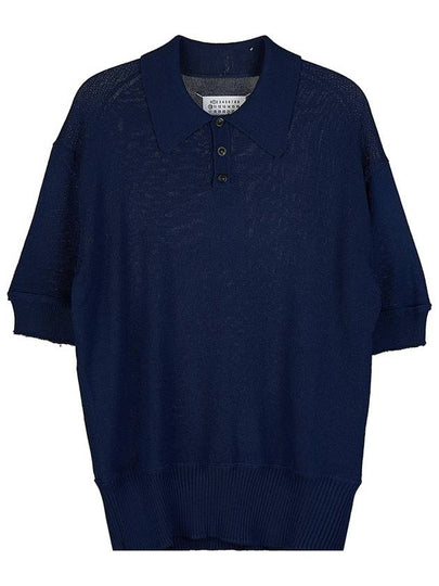 Back Stitch Wool Polo Knit Top Blue - MAISON MARGIELA - BALAAN 2