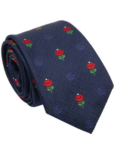 GG logo flower pattern slim silk tie navy - GUCCI - BALAAN 2