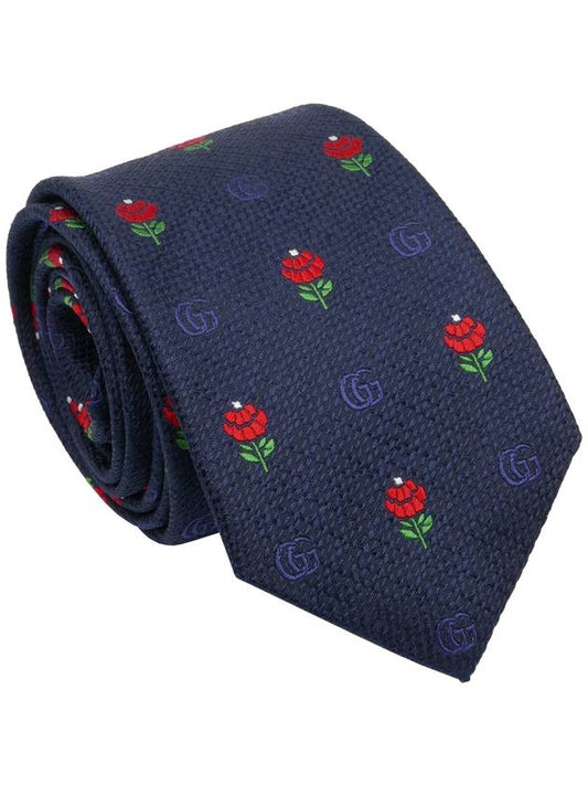 643840 Navy GG logo flower pattern slim silk tie - GUCCI - BALAAN 1