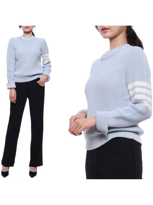 Women's 4 Bar Crew Neck Cotton Knit Top Light Blue - THOM BROWNE - BALAAN 3