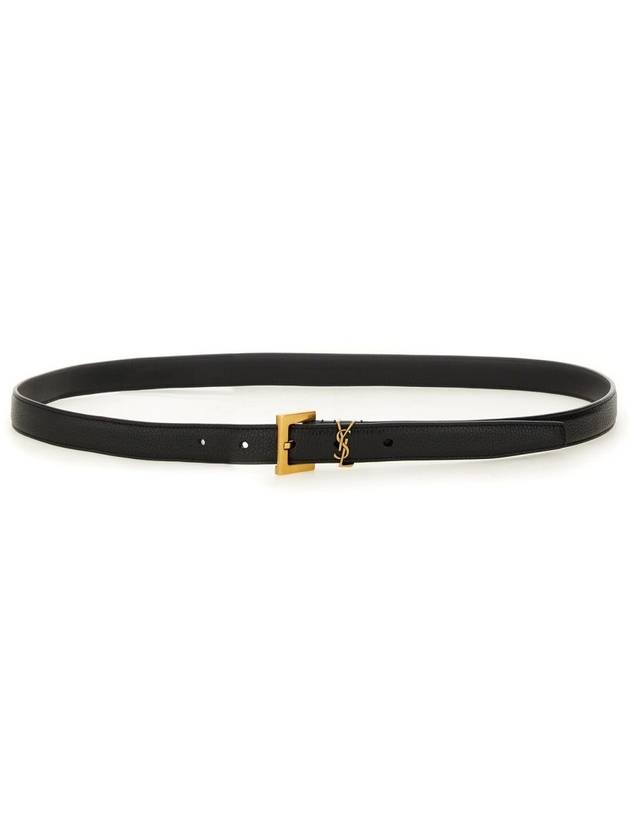 Cassandre Grained Leather Square Buckle Thin Belt Black - SAINT LAURENT - BALAAN 2