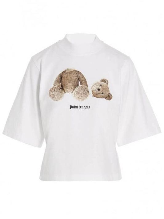 Women's Bear Print Crop Short Sleeve T-Shirt White - PALM ANGELS - BALAAN.