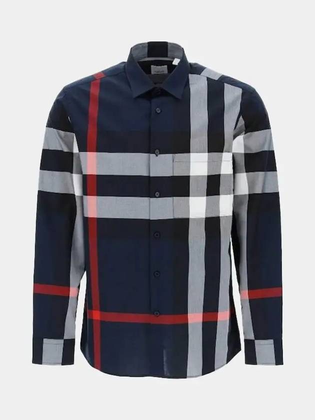 Check Motif Cotton Long Sleeve Shirt Navy - BURBERRY - BALAAN 2