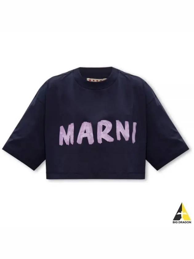 Logo Cotton Crop Short Sleeve T-Shirt Navy - MARNI - BALAAN 2