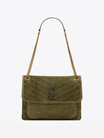 Nikki Chain Medium Suede Shoulder Bag Green - SAINT LAURENT - BALAAN 1