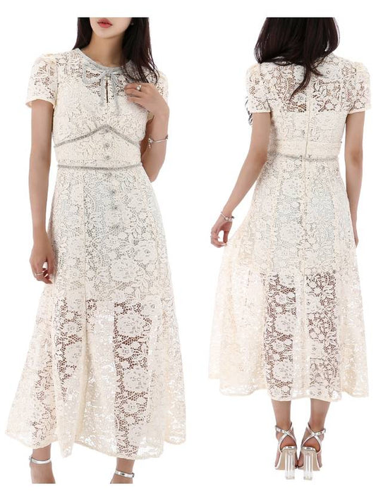 Cord Lace Bow Midi Dress Cream - SELF PORTRAIT - BALAAN 2