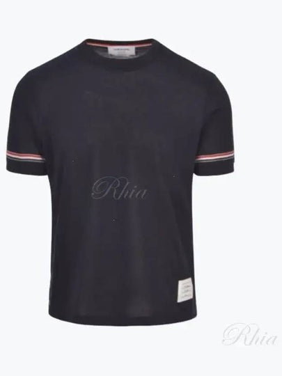 Striped Detail Crew Neck Cotton Short Sleeve T-Shirt Navy - THOM BROWNE - BALAAN 2