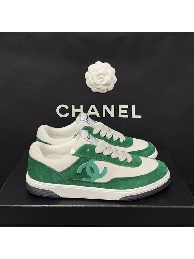 CC Logo Suede Kidskin Low Top Sneakers Green - CHANEL - BALAAN 4