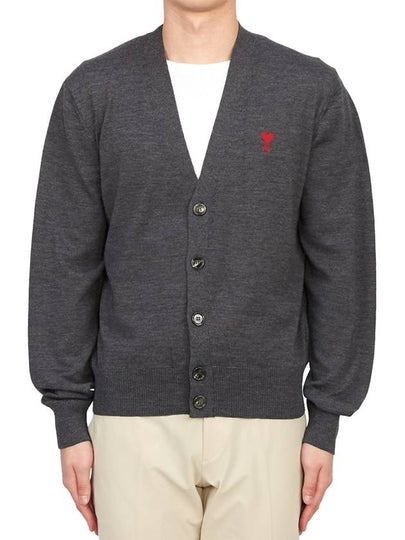 Red Heart Logo Merino Wool Cardigan Heather Grey - AMI - BALAAN 2