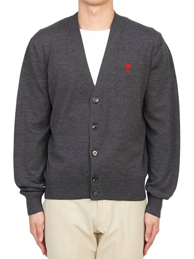 Red Heart Logo Merino Wool Cardigan Heather Grey - AMI - BALAAN 4