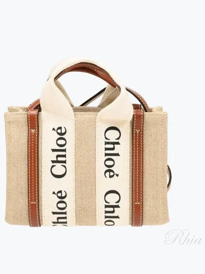 Woody Linen Canvas Calfskin Tote Bag White Brown - CHLOE - BALAAN 2