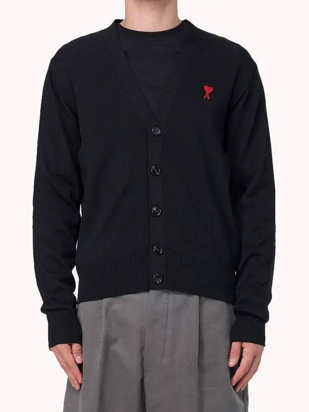 Red Heart Logo Merino Wool Cardigan Black - AMI - BALAAN 3