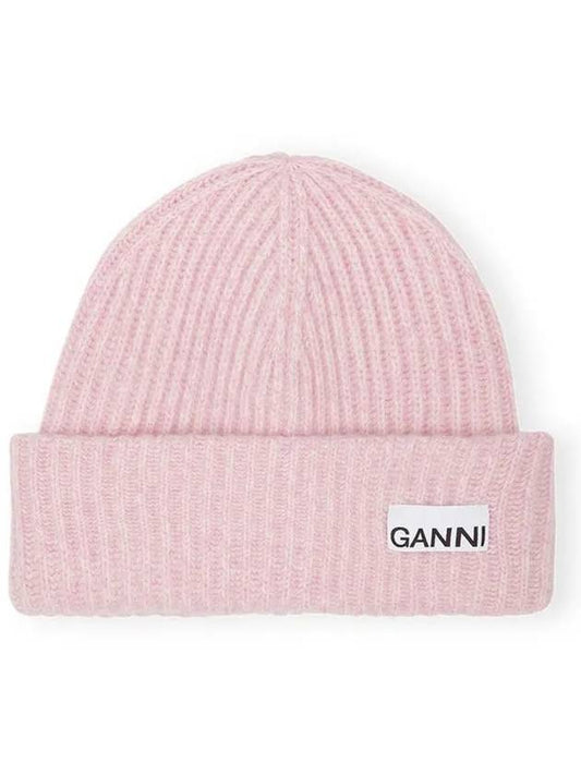 Wool Rib Knit Beanie Pink - GANNI - BALAAN 1