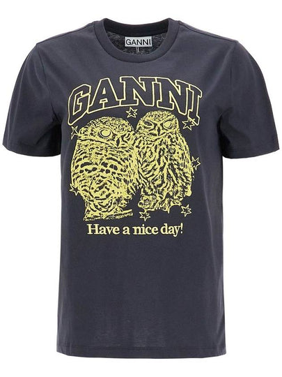 Owls Print Cotton Short Sleeve T-Shirt Black - GANNI - BALAAN 2