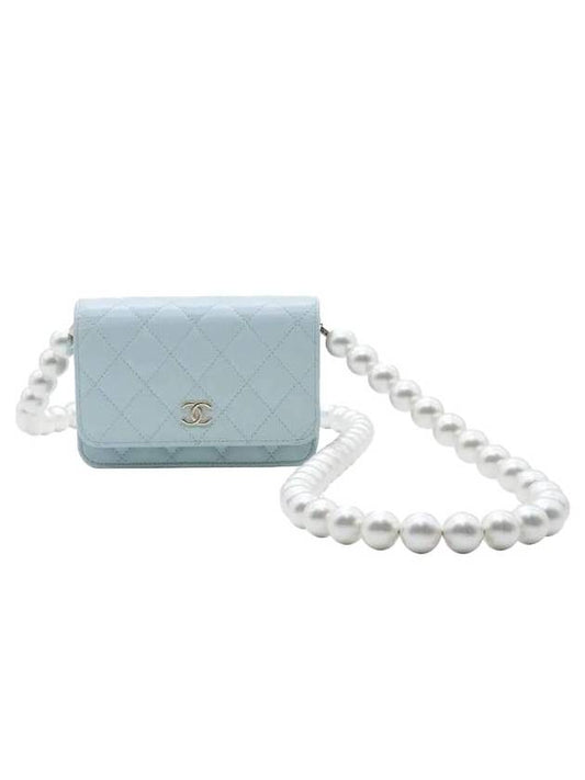 Gold WOC Pearl Strap Mini Bag Light Blue - CHANEL - BALAAN.