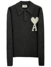 De Coeur Intarsia Knit Long Sleeve Polo Shirt Dark Grey - AMI - BALAAN 2