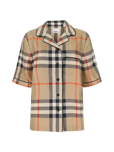 Check Silk Short Sleeve Shirt Beige - BURBERRY - BALAAN 1