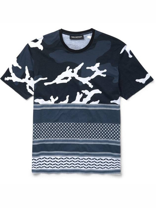 Men's Camo Mix Printing Short Sleeve T-Shirt Navy - NEIL BARRETT - BALAAN.