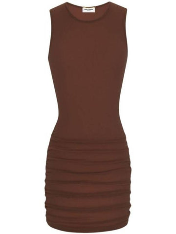 Sleeveless Tulle Short Dress Brown - SAINT LAURENT - BALAAN 1